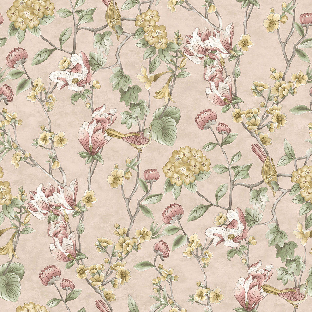 Lyserød taper med blomster og fugle