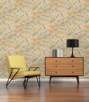 Retro tapet m. grønne og orange blomster