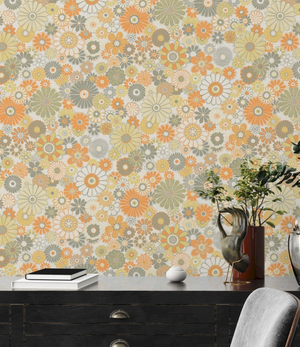 Retro tapet m. grønne og orange blomster