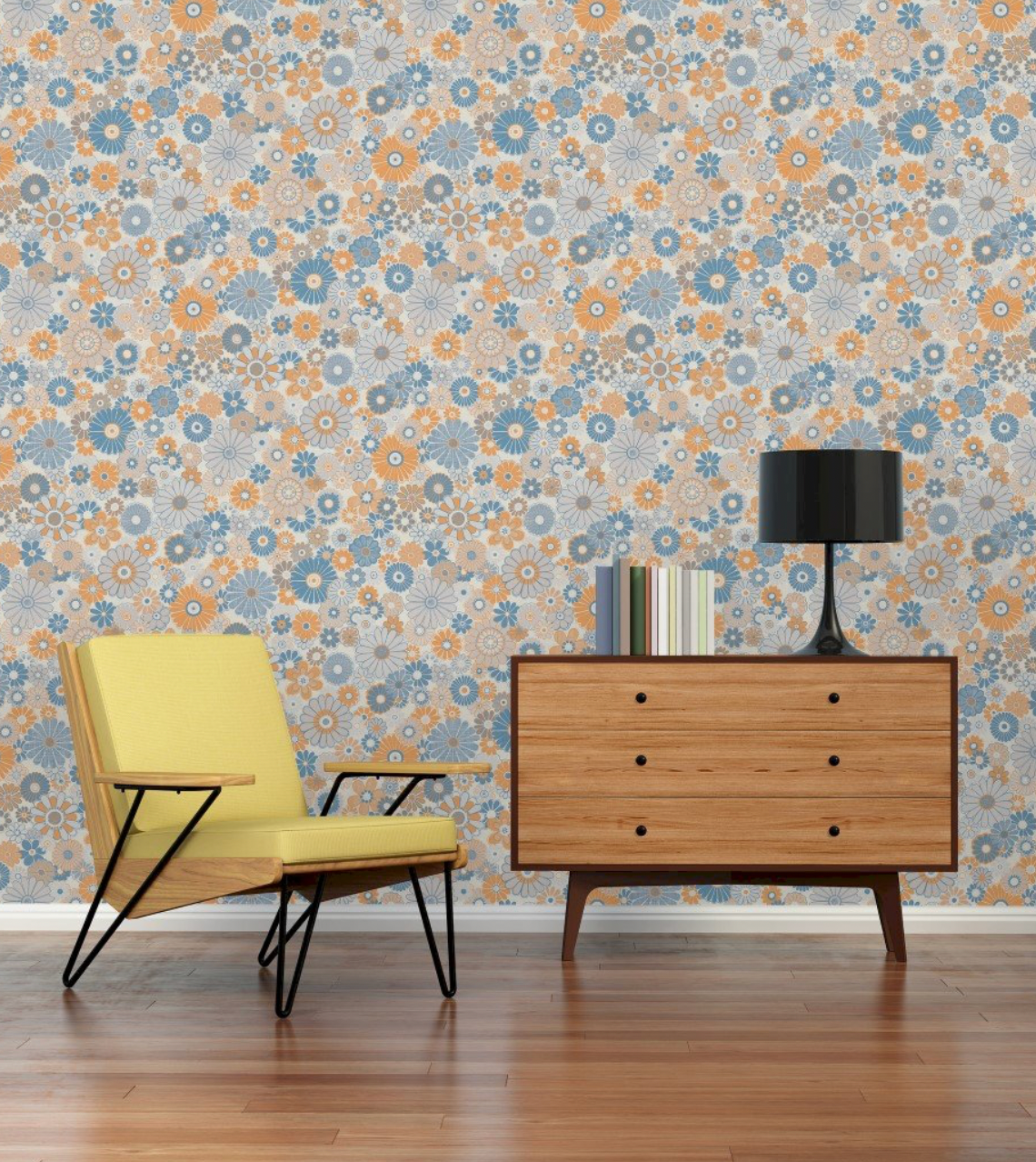 Retro tapet m. blå og orange blomster