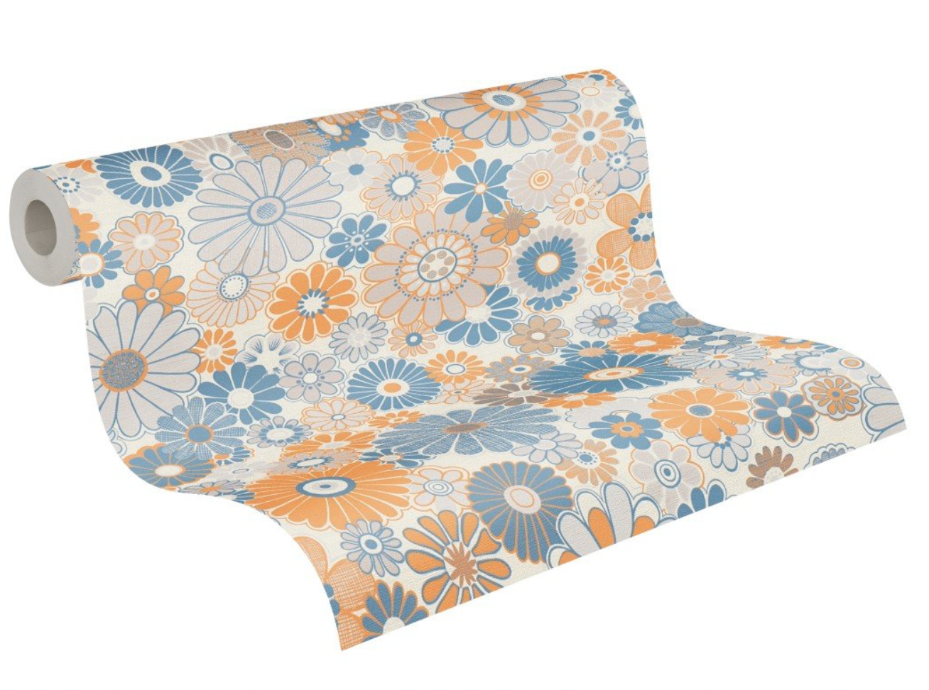 Retro tapet m. blå og orange blomster