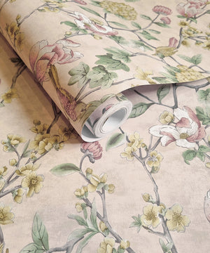 Lyserød taper med blomster og fugle