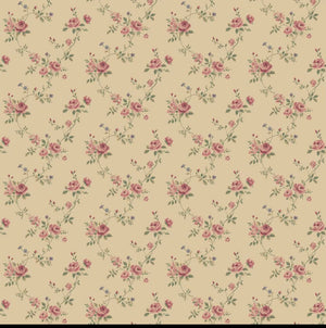 Beige tapet med rosa og blå blomster