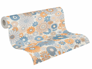 Retro tapet m. blå og orange blomster