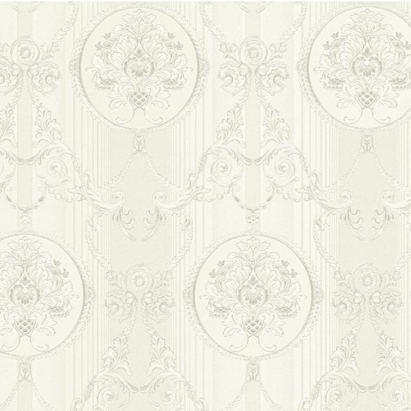 Stiltapet med damask design M/ Hvid/sølv og sølv mønster