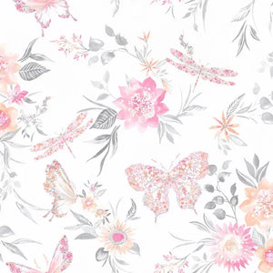 Blomster tapet M/ sommerfugle og hvid bund