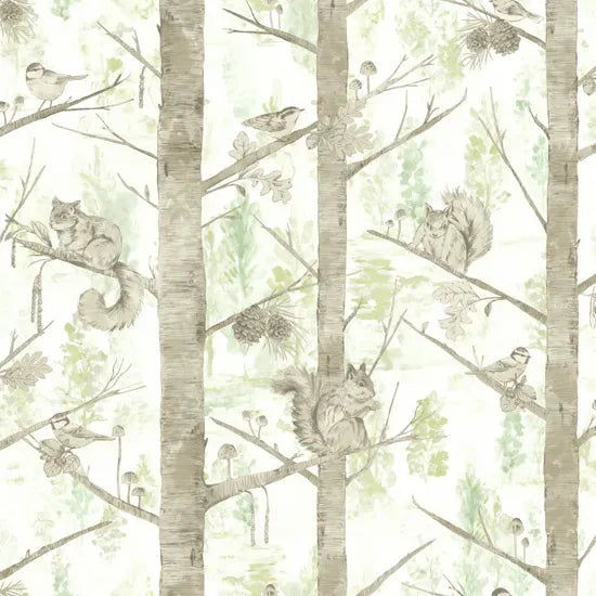 Grizedale egetræer og egern M/ hvid bund og grønne blade