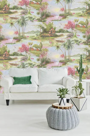 Horizon M/ lyserøde og grønne øer og blå bund