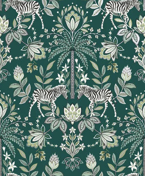 Tapet M/ Zebra, Blomster Og grøn bund
