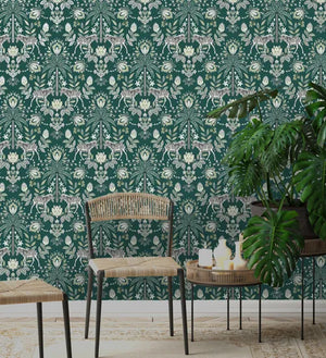 Tapet M/ Zebra, Blomster Og grøn bund