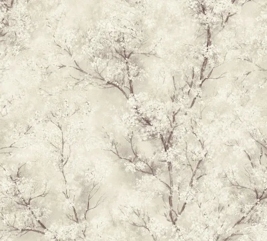 Nyudsprunget træ tapet M/ beige baggrund med glimmer med mønster i hvid og sort