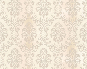 Stiltapet med damask design M/ hvid og sølv mønster
