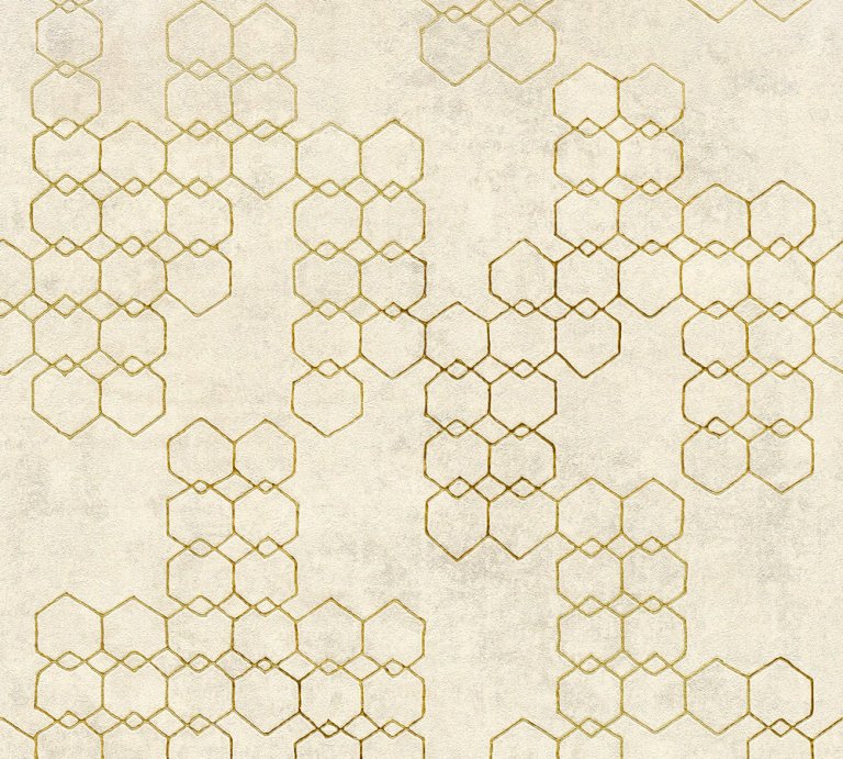 Sekskant mønstret tapet M/ beige farvet bund med guld sekskanter