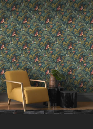 Natur tapet m. blå bund, blade og ørne