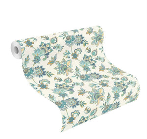 Tapet m. hvid bund og en masse forskellige blomster i mange farver