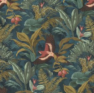 Natur tapet m. blå bund, blade og ørne