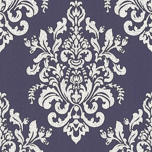 Stiltapet med damask design M/ blå og hvid/sølv mønster