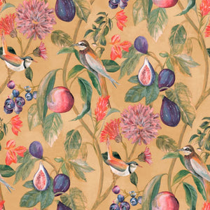 Tapet M/ Blomster, Fugle, Figner Med Okker/gul Bund.