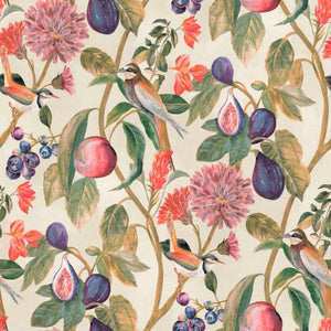 Tapet M/ Blomster, Fugle, Figner Med cremfarvet Bund.