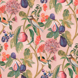 Tapet m/ blomster, fugle, figner med Rosa bund.