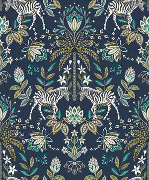 Tapet m/ Zebra, blomster og navy bund