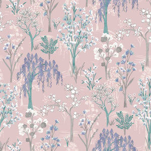 Tapet M/ Botanisk Stil, lyserød Bund Med Grønne, lilla Og Hvide Blade