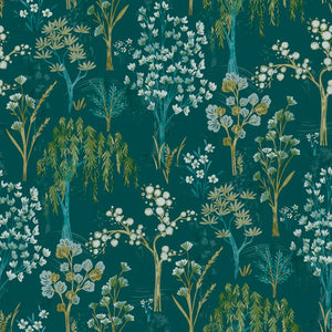 Tapet M/ Botanisk Stil, grøn Bund Med guld, sølv Og Hvide Blade