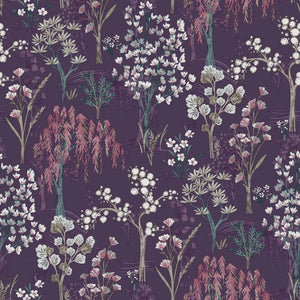 Tapet M/ Botanisk Stil, Sort lilla Med Grønne, Bordaux Og Hvide Blade