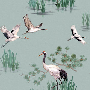 Tapet M/ Grene Og Traner - Irgrøn Bund Og Grønne Nuancer