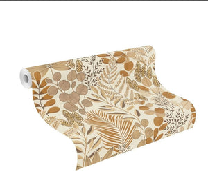 Tapet m. cremfarvet bund og blade i mange farver