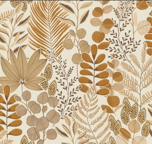 Tapet m. cremfarvet bund og blade i mange farver