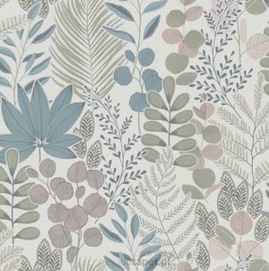 Tapet m. hvid bund og blade i mange farver