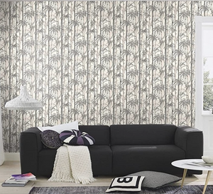 tapet m. hvid/grå bund og bambus planter sort og sølv