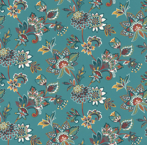Tapet m. blå bund og en masse forskellige blomster i mange farver