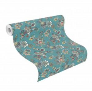 Tapet m. blå bund og en masse forskellige blomster i mange farver