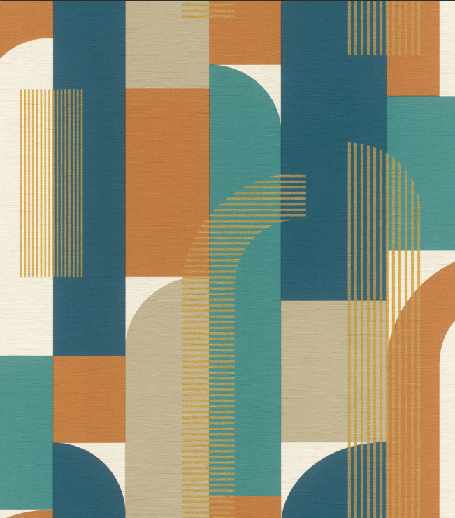 Tapet m. abstrakt mønster i farverne blå, orange og turkis