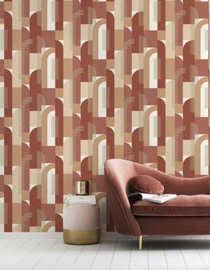 Tapet m. abstrakt mønster i rødlige farver m. guld glimmer