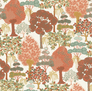 Tapet m. træer i rødlige farver m. cremehvid bund