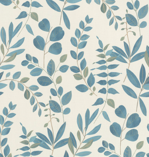 Tapet med forskellige blade i farverne blå og grøn m. cremehvid bund
