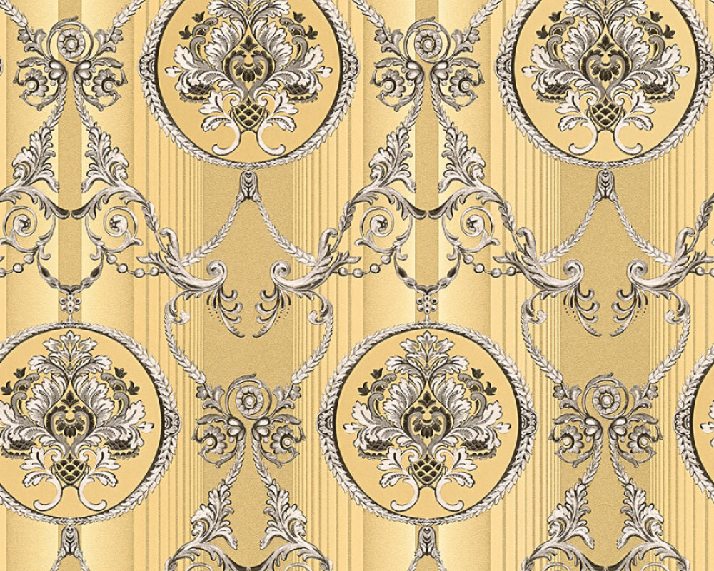 Stiltapet med damask design M/ Guld og hvid/gråt mønster