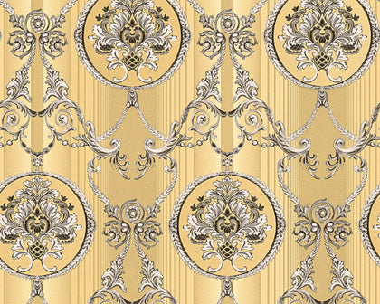 Stiltapet med damask design M/ Guld og hvid/gråt mønster