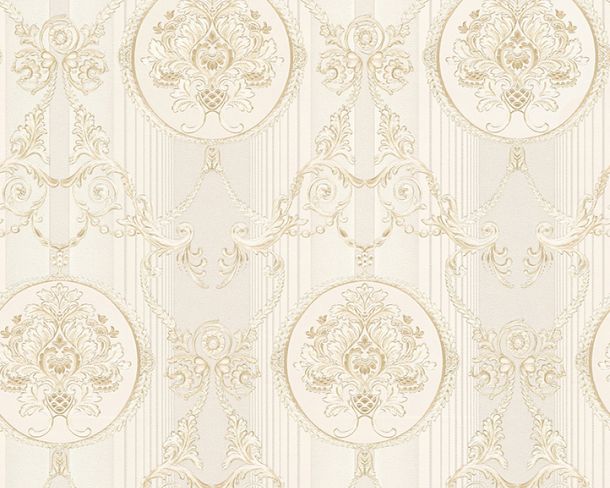 Stiltapet med damask design M/ creme hvid og guld mønster