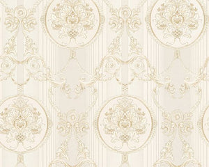 Stiltapet med damask design M/ creme hvid og guld mønster
